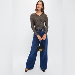 Nicole Miller Elegant Black Gold Ruched Women's Long Sleeve Top Shimmer Sheer